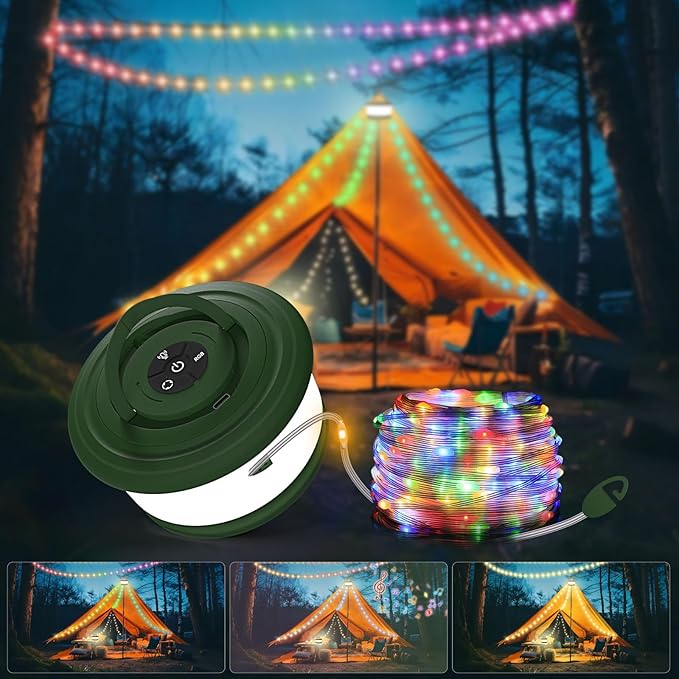 TOHETO Camping String Lights, 3 in 1 Upgraded Retractable RGB Outdoor String Lights with 19 Lighting Modes, Quick 30s Recovery, 32.8 FT Portable Tent Lights, Rechargeable Camping Lantern (Green)