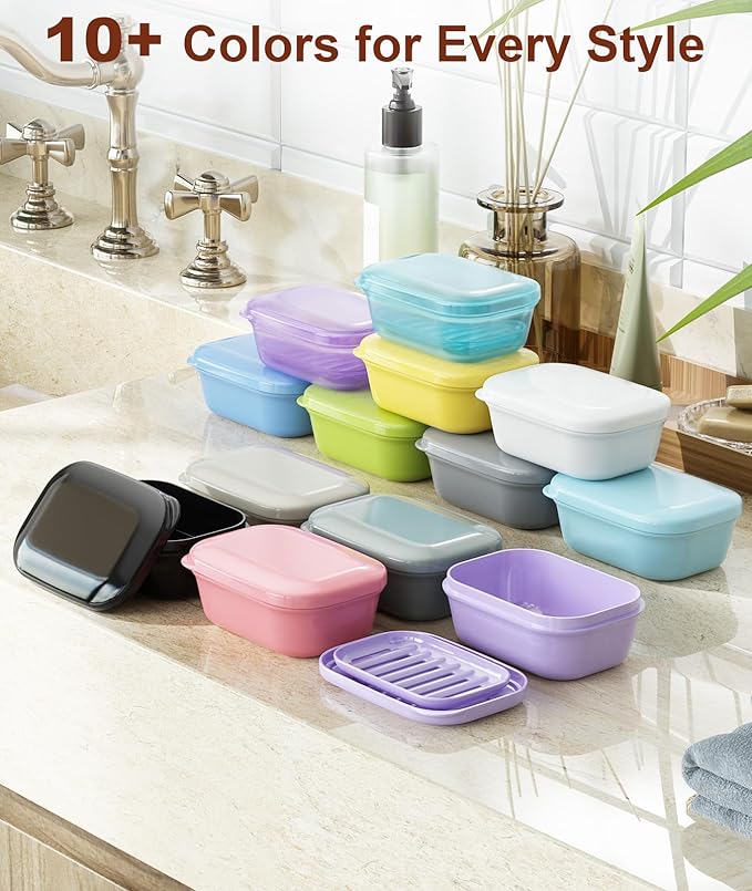 Quatish Leakproof Soap Dish with Lid & Draining Layer, Shatterproof Travel Bar Soap Holder Case Container, Portable Travel Size Toiletries Essentials for Camping, Gym, Bathroom, Purple