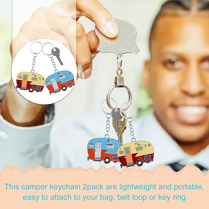 2 Pack Camper Keychain Set Happy RV Camper Keyring Couples Camping Accessories for Men Women Travel Trailers