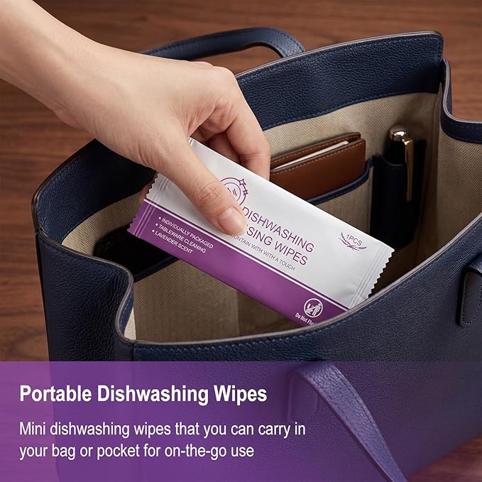 Dish Wipes for Camping Individually Wrapped Dish Cleaning Wipes Travel Lavender Scent 7.7”x 7.3” Disposable for Kitchen Outdoor Traveling RV Quick Clean (Pack of 50)