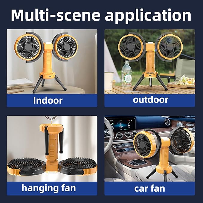 Camping Fan with Light,10000mAh Rechargeable Battery Powered Tent Ceiling Cooler Fans,270° Oscillating 360°Rotation Portable Camping Essentials Gear for Outdoor Canopy,Travel,Fishing(Orange)