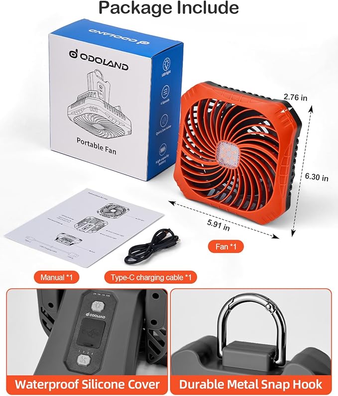Odoland Portable Camping Fan with LED Lantern, 40H Rechargeable Battery Operated Quiet Tent Fan with Hanging Hook for RV Car Beach Outdoor Hurricane Emergency Outages