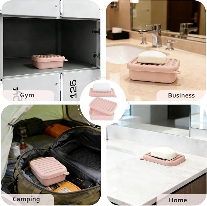Silicone Travel Soap Case, Leak-Proof Bar Soap Container with Drain Tray, Portable Travel Soap Dish with Lid for Hiking, Gym, Camping, PortableToiletries Accessories (Pink)