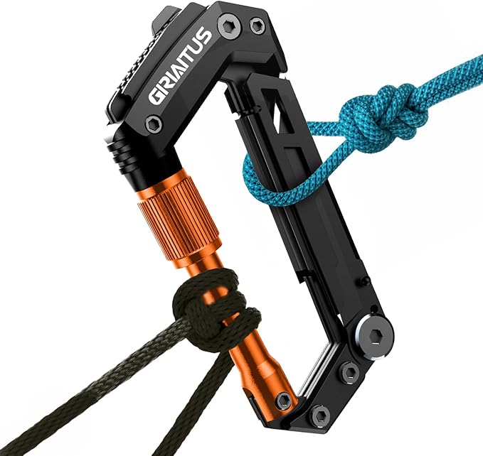 Carabiner Multitool with Pocket Knives, EDC Carabiners, Serrated Knife, Rope Cutter, Screwdriver, Can Bottle Opener, Ruler, Folding Knife for Camping Hiking, Multitool Survival Gear (Orange)