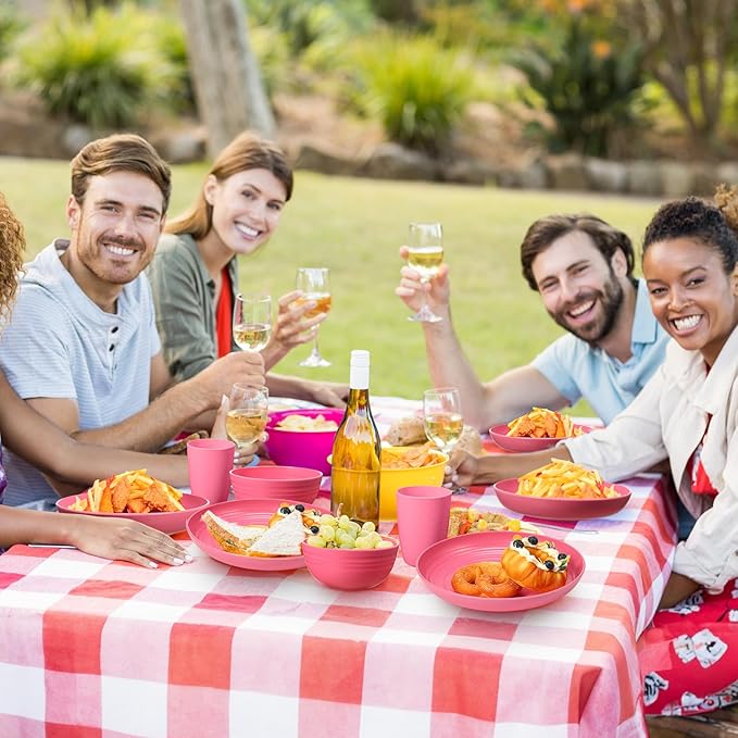 Didaey Wheat Straw Dinnerware Sets Unbreakable Plates and Bowls Microwave Safe Plastic Lightweight Knives Forks Spoons for Kitchen Outdoor Camping Party(Rose Red, 64 Pcs)