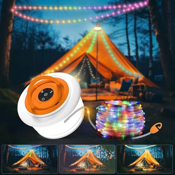 TOHETO Camping String Lights, 3 in 1 Upgraded Retractable RGB Outdoor String Lights with 19 Lighting Modes,Quick 30s Recovery, 32.8 FT Portable Tent Lights, Rechargeable Camping Lantern (White&Orange)