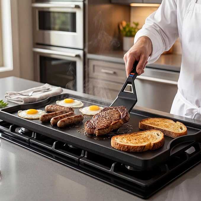 Utheer Griddle Kit, 19.5" x 10.5" Reversible Cast Iron Flat Top Griddle with 5-Piece Scratch-Free Silicone Tools, Ceramic Nonstick Grill Griddle for Stove Top, Gas Grill, BBQ and Camping