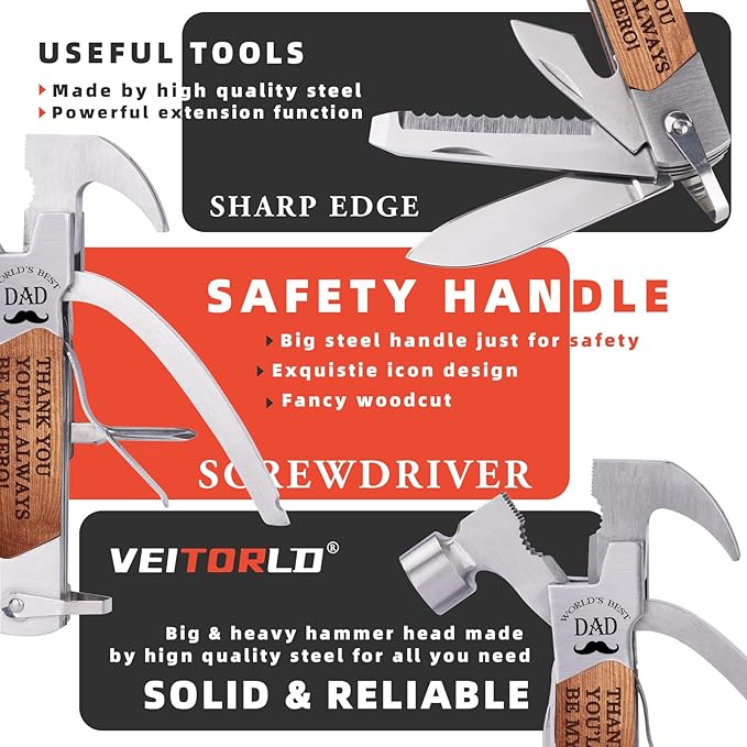 VEITORLD Gifts for Dad from Daughter Son Kids, Fathers Day, All in One Tools Hammer Multitool with Engraved Wooden Box, Unique Birthday Gift Ideas for Men Stepdad Him, Cool Gadgets(Dad are Hero)