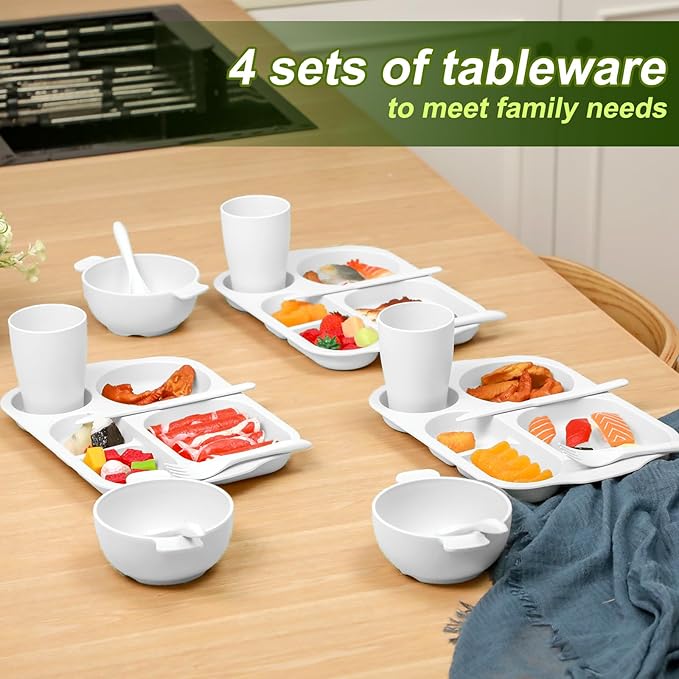24 Pcs Wheat Straw Dinnerware Cutlery Set for Aldult Including Divided Plates Microwave Dishwasher Safe Bowl Unbreakable Tableware Straw Cutlery Spoon Knife Fork(White)