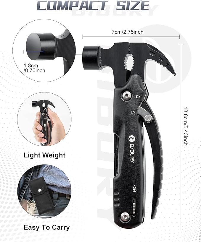 BIBURY Hammer Multitool, Fathers Day Gift from Daughter Son Wife, 12-in-1 Survival Gear Outdoor Multi Tool, Anniversary Birthday Gifts for Men, Cool Gadgets Survival EDC Multi-Tool