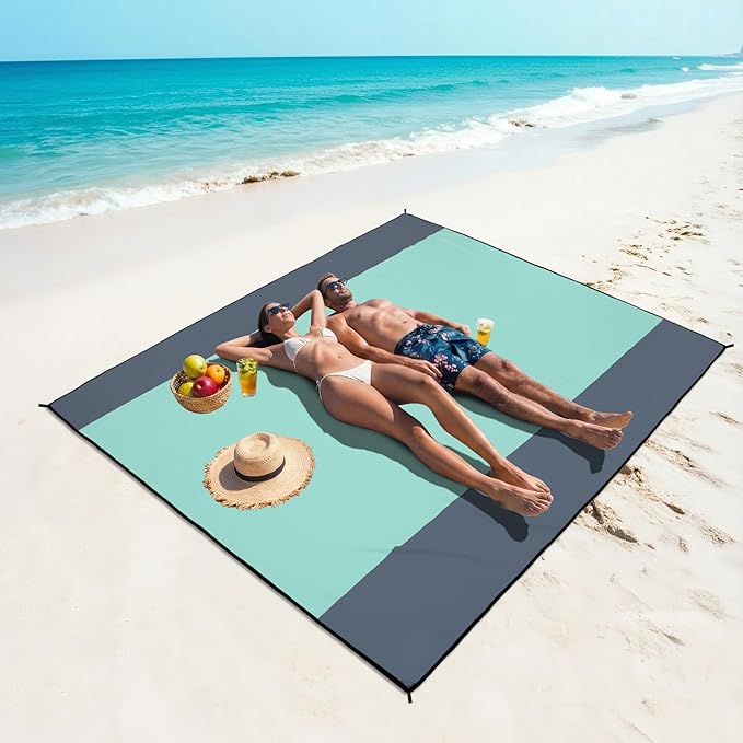 WIWIGO Beach Blanket Waterproof Sandproof Beach Mat 79" X 83"/10'x9'for 2-8 Adults Quick Drying Outdoor Picnic Mat Beach Accessories for Travel, Camping, Hiking