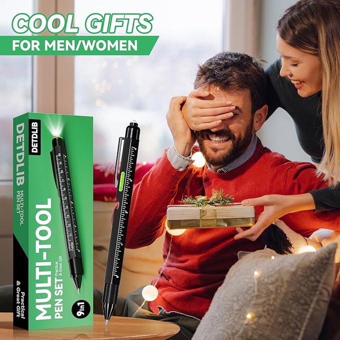 9-in-1 Multitool Pen with LED Light, Stylus, Level, Screwdriver, Cool Gadget, Gifts for Men. Women, Dad, Him, Husband, Father, Mechanic, Boyfriend, Birthday Gifts for Men, Black