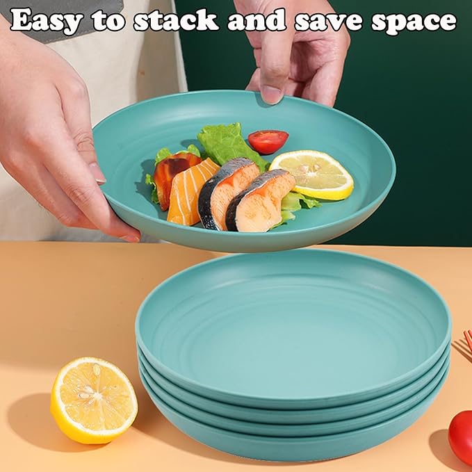 Wheat Straw Plates, Unbreakable Dinner Plates Set of 4, 8 Inch Plastic Plate Reusable, Dishwasher & Microwave Safe, Lightweight Salad Plates for Camping/Kitchen (Dark Green)