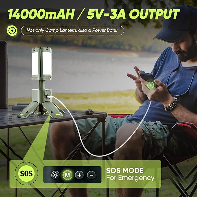 SakerPlus Portable Camping Light, 14000mAh Telescopic Camping Lantern with Rechargeable Power Supply, Dimmable Magnetic Tent Lamps 6000 Lumen Outdoor Work Lights for Hiking,Camping,Home Emergency
