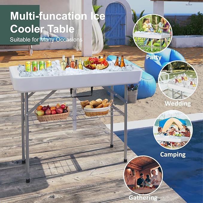 4 Foot Ice Cooler Table, Outdoor Cooler Table with Removable Matching Skirt and Shelf, Folding Ice Tables for Party, BBQ, Camping, Picnic, Fishing Cleaning Tables