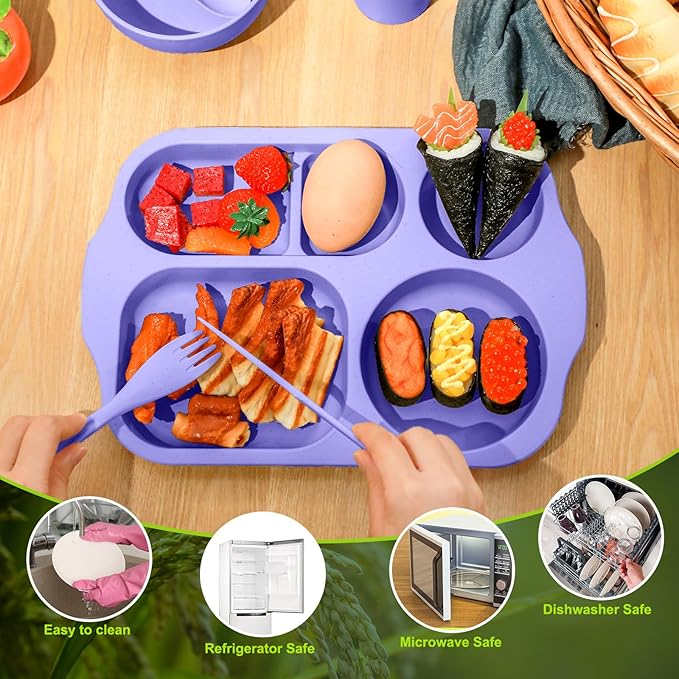 24 Pcs Wheat Straw Dinnerware Cutlery Set for Aldult Including Divided Plates Microwave Dishwasher Safe Bowl Unbreakable Tableware Straw Cutlery Spoon Knife Fork(Light Purple)