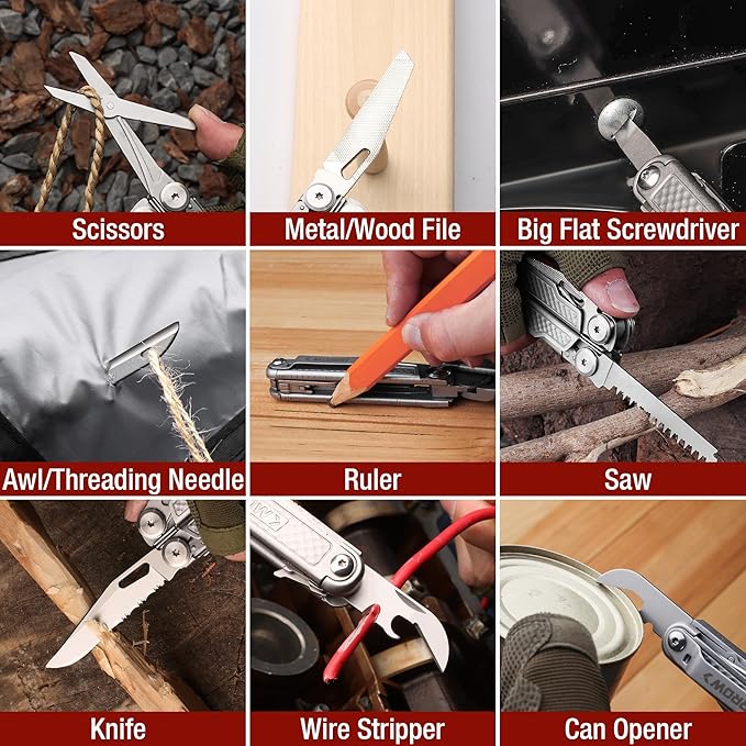 ARROW 20-In-1 Multitool, Stainless Steel Multitool Pliers with Fire Starter, Window Breaker, Whistle, EDC Multi Tool with Sheath and Pocket Clip for Outdoor, Survival, Camping, Hiking