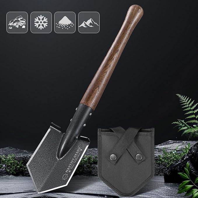 MASTIFF GEARS Tactical Survival Shovel - 43cm/17in, Axe/Machete Replacement, HRC 42-48 1050 Steel Spade, Hand-Carbonized Hardwood Handle & MOLLE Sheath for Camping Hiking Off-Roading Emergency