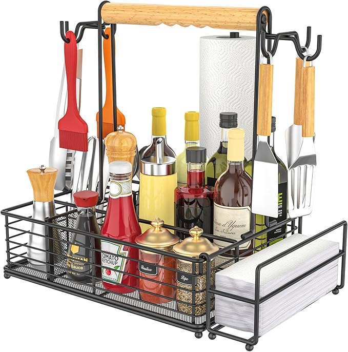 Toncoke Large Grill Caddy with Paper Towel Holder & Side Hooks, All-in-One BBQ Tool Organizer with Adjustable Dividers, Rustproof for Outdoor Kitchen, Camping, RV - Black