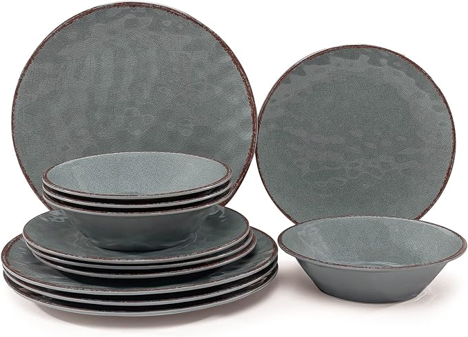 LEHAHA Rustic Farmhouse 12 Piece Melamine Camping Dinnerware Set, Plates and Bowls Sets, Indoor and Outdoor Use, Lightweight and Unbreakable Kitchen dishes Set for 4(Grey)