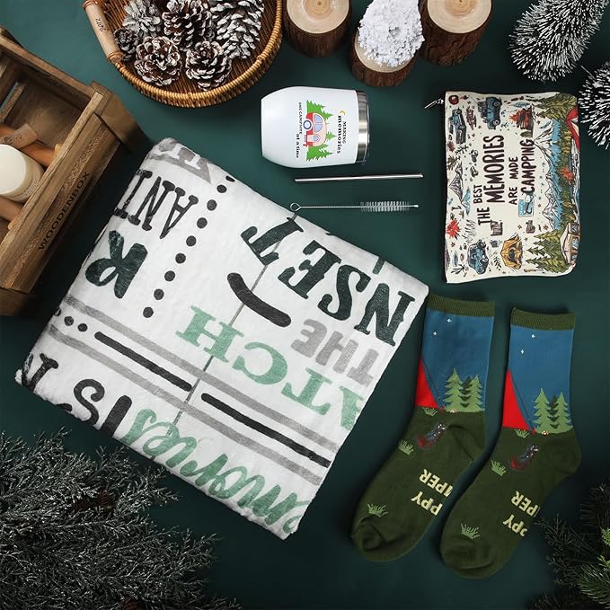 Patelai 4 Pcs Camping Gifts Set for Women & Men - Includes Tumblers, Throw Blanket, Socks, Toiletry Bag RV Gifts for Happy Camper Outdoor, Picnics, Hiking, RV Trips, Camping Accessories