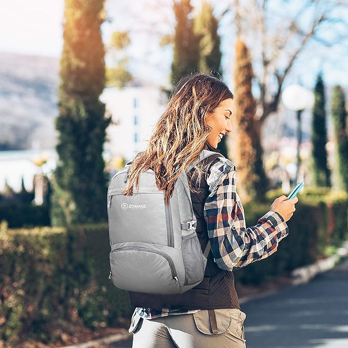 ZOMAKE Lightweight Packable Backpack 30L, Foldable Hiking Backpacks Water Resistant Compact Folding Daypack for Travel(Sliver Grey)