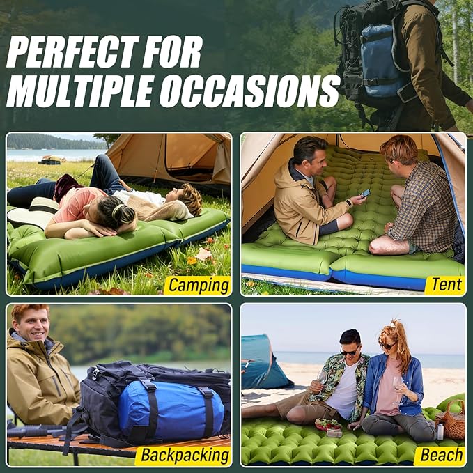 Yuzonc Double Sleeping Pad - Self Inflating 4" Extra-Thick for 2 Person with Pillow Built-in Foot Pump Inflatable Sleeping Mat for Backpacking, Hiking, Traveling, Tent, Portable Camping Mat