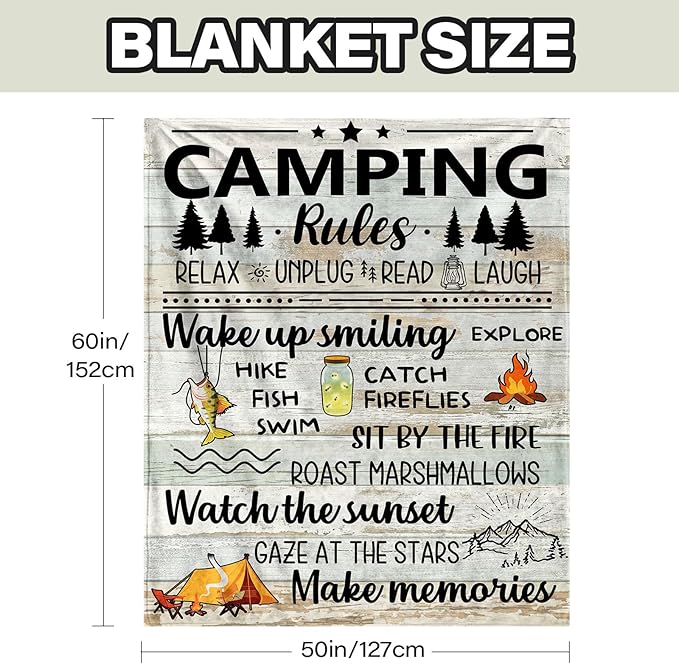 Wazzio Camping Gifts for Women Men, Camp Blanket Gifts for Camper Lovers, Happy Campers Decor Outdoor Travel Hiking 50" x 60", Camping Rules Throw Blanket for Christmas Thanksgiving