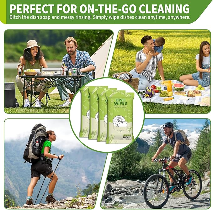 Creatyi 4 Pack Dish Wipes Camping Dish Wipes Travel Dish Soap Camp Kitchen Wipes Portable Cleaning of Plates, Bowls, Tableware and Ktchenware for Travel Camping (40 PCS)