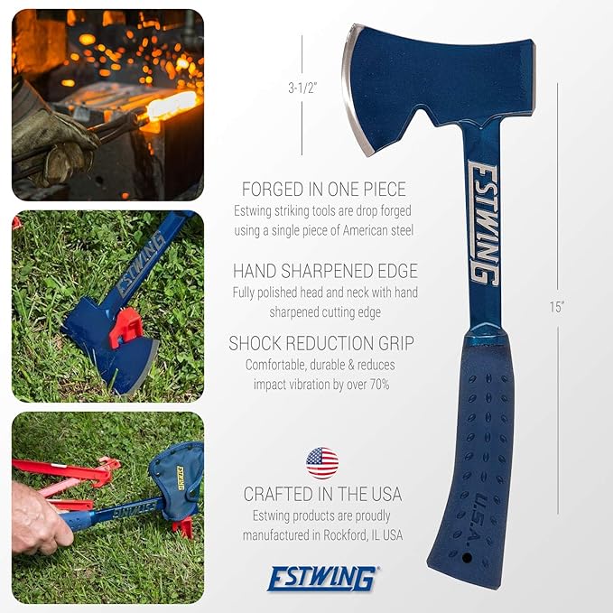 ESTWING Camper's Axe - 14" USA Made Blue Hatchet with Tent Stake Puller & Shock Reduction Grip - E6-25A