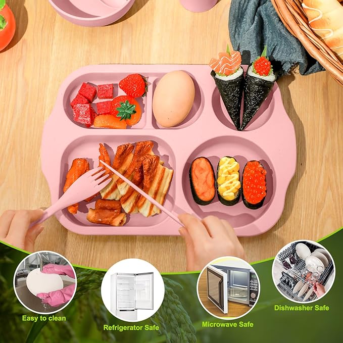 24 Pcs Wheat Straw Dinnerware Cutlery Set for Aldult Including Divided Plates Microwave Dishwasher Safe Bowl Unbreakable Tableware Straw Cutlery Spoon Knife Fork(Light Purple, Light Pink)