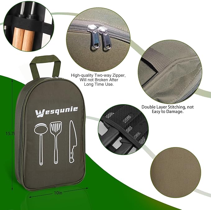 Wesqunie Camping Cooking Essentials Utensils Set - Camp Cookware Kitchen Accessories Kit, Camper Gear Must Haves, Stainless Steel & Silicone, RV Car Portable Outdoor Equipment Tool