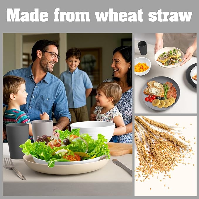 Wheat Straw Dinnerware Sets for 8, 32Pcs Lightweight Unbreakable Plates and Bowls Sets for Elderly Kids, Dishwasher Microwave Safe Plastic Dinnerware set, Plastic Dishes Set for Camping Rv