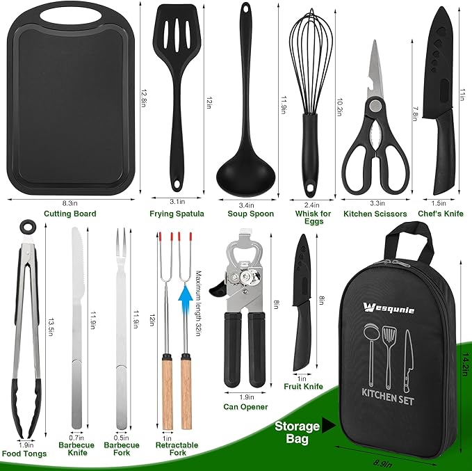 Wesqunie Camping Essentials Cookware Cooking Utensils Set - Portable Camp Kitchen Mess Kit Outdoor Accessories, Stainless Steel & Silicone, Camping Gear Equipment for RV Picnic Grill, 14PCS Black