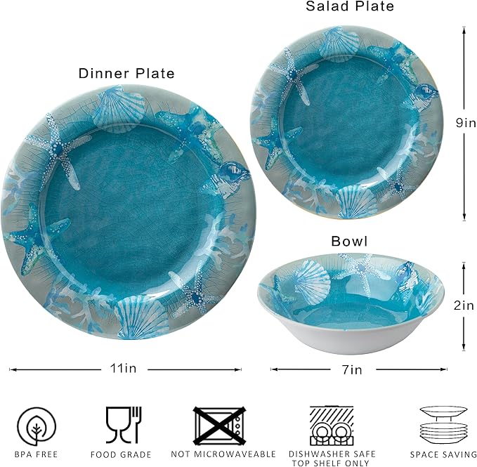 12 PCS Melamine Dinnerware set, Unbreakable Coastal Plates and Bowls Set, Lightweight Chip Resistant Oceanic Dishes Set, Service for 4, Great for Camper, RV, Indoors Outdoors Use