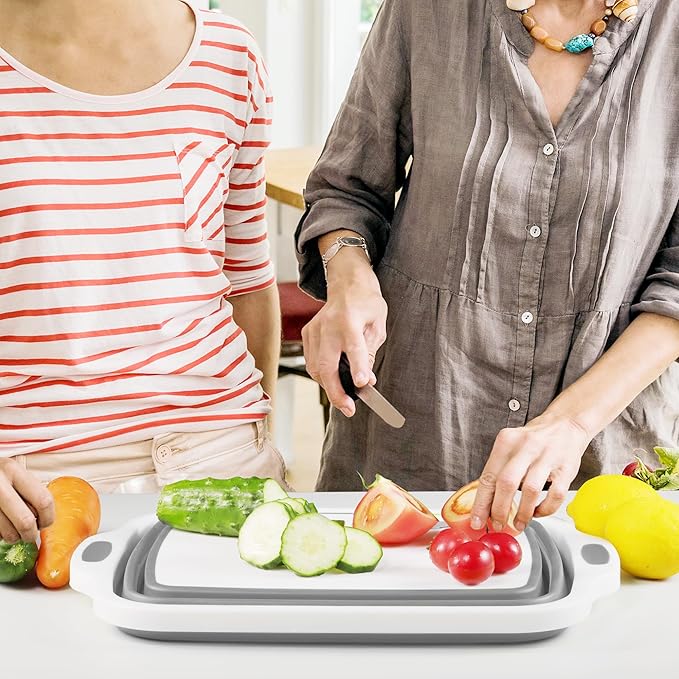 Space Saving Cutting Board, Collapsible Dish Tub with Draining Hole, Folding Chopping Board with Colander, 3 in 1 Multifunction Camping Sink for Washing Dish, Bowl, Vegetables and Fruit