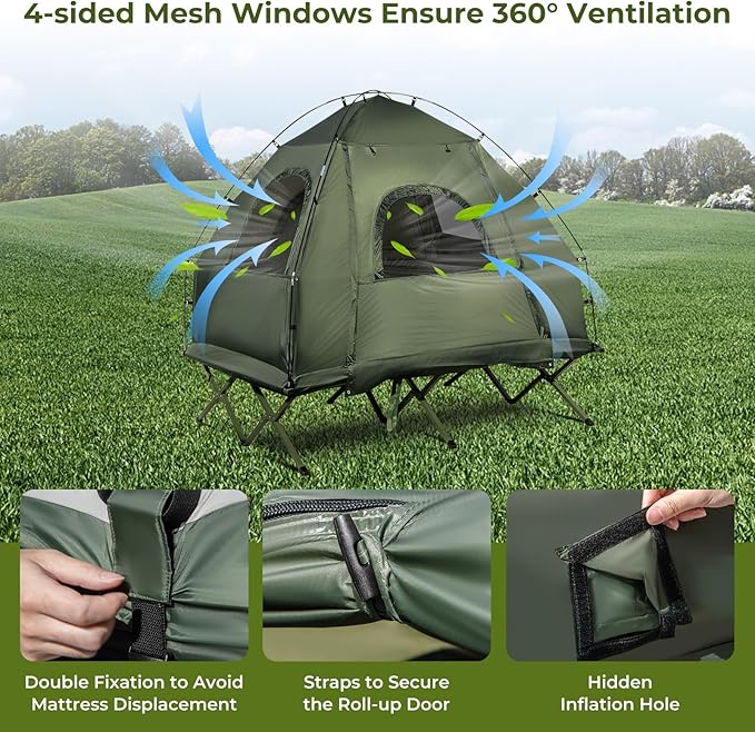 GYMAX Tent Cot, 5-in-1 Folding Camping Cot with Mattress & Pillows, Sleeping Bags, Sunshade, Camping Tent Elevated with Carrying Bag for Outdoor Hiking, Fishing, Picnic