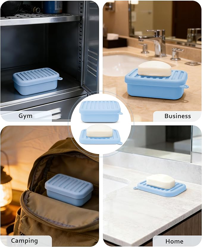 Silicone Travel Soap Case, Leak-Proof Bar Soap Container with Drain Tray, Portable Travel Soap Dish with Lid for Hiking, Gym, Camping, PortableToiletries Accessories (Blue)