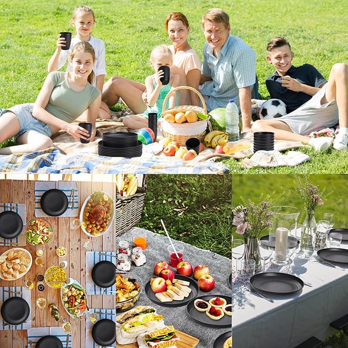 Black Plates and Bowls Sets for 8,32 Pcs Wheat Straw Dinnerware Sets Black Plastic Reusable Dishwasher Safe for Kitchen Camping,Lightweight Unbreakable Plastic Dishes Set Outdoor or Every Day Use