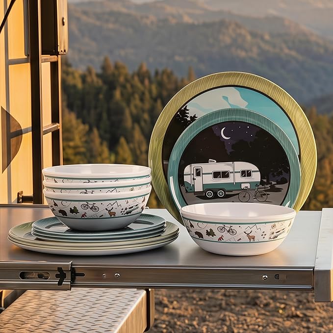 12-Piece Melamine Dinnerware Set, Lightweight Unbreakable Plates and Bowls Set, Outdoor Camping Dishes – Perfect for RV, Picnic, Backpacking, Patio,Getaways (Service for 4)