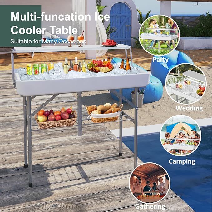 Ice Cooler Table with Drain, Two-Tier Plastic Folding Tables, with Removable Matching Skirt and Shelf, Indoor Outdoor Use for Party Camping Picnic Fishing Cleaning, 440 lbs Capacity