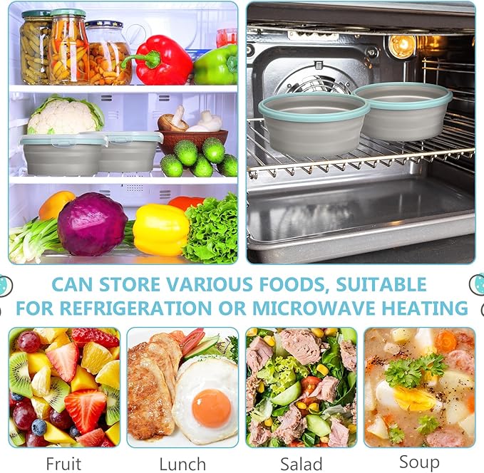 Suclain 4 Pcs Collapsible Bowls with Lids Silicone Camping Food Storage Container Expandable Folding Salad Lunch Box Travel Container for Hiking Camping