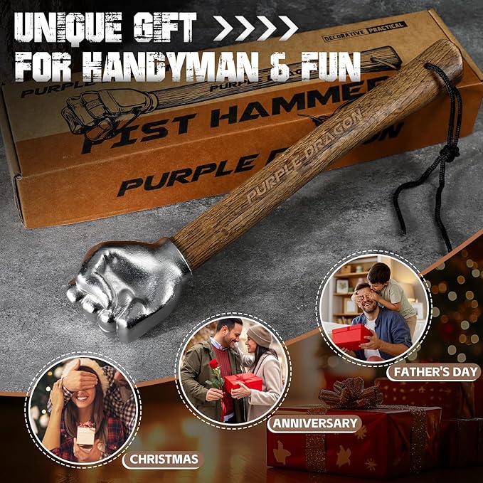 Purple Dragon Fist Hammer Tool - 2 Lbs Iron Fist-Shaped Hammer with Wooden Handle, Multi-Purpose Tool for DIY Crafting, Outdoor Camping, Home/Office Decor, Gifts for Men