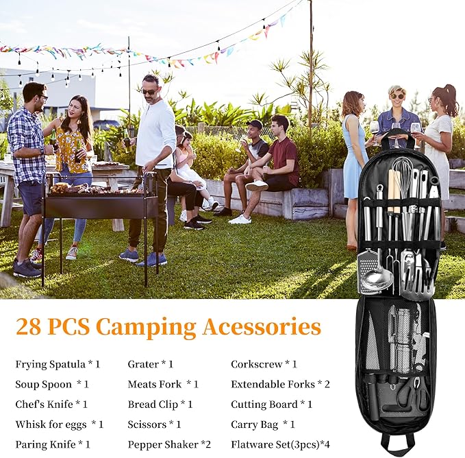Camping Cooking Utensils Set, Stainless Steel Grill Tools, Camping BBQ Cookware Gear and Equipment for Travel Tenting RV Van Picnic Portable Kitchen Essentials Accessories