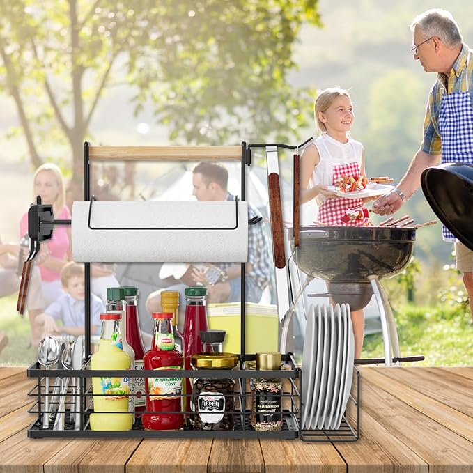Grill Caddy with Magnetic Tool & Paper Towel Holders, Picnic Utensil Condiment Caddy, Barbecue Grill Tool Organizer for Outdoor Camping, Cooking, Camper