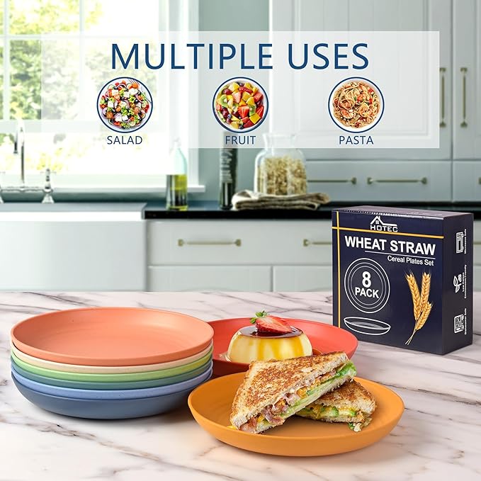HOTEC 8-Pack 9inch BPA Free Unbreakable Deep Dinner Plates, Wheat Straw Plastic Plates Dishwasher Safe Kitchen Plates Dinnerware, Multicolor