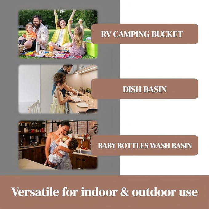 GIMWA Collapsible Wash Basin for Baby Bottles - 2.4 Gallons Portable Wash Bin for RV Camping Sink, Space-Saving Dish Tub (Mocha)