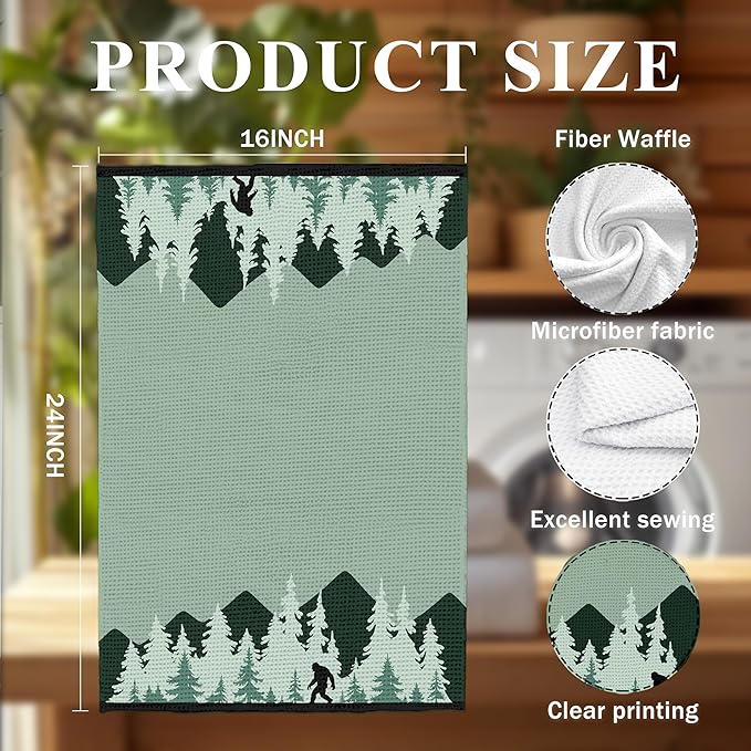 Funny Christmas Sasquatch Kitchen Towels, Black and White Farmhouse Christmas Forest Dish Tea Towels for Kitchen Decor, Xmas Winter Holiday Hand Towel for Bathroom Decor, 16x24 Inch,C087-MJ-ZH