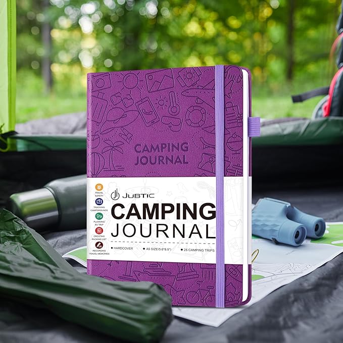 JUBTIC Camping Journal and RV Travel Log Book, A5 Adventure Journal for 25 Camping, Hiking Journal, Family Travel Books Camper Essentials Camping Gifts for Women-Purple