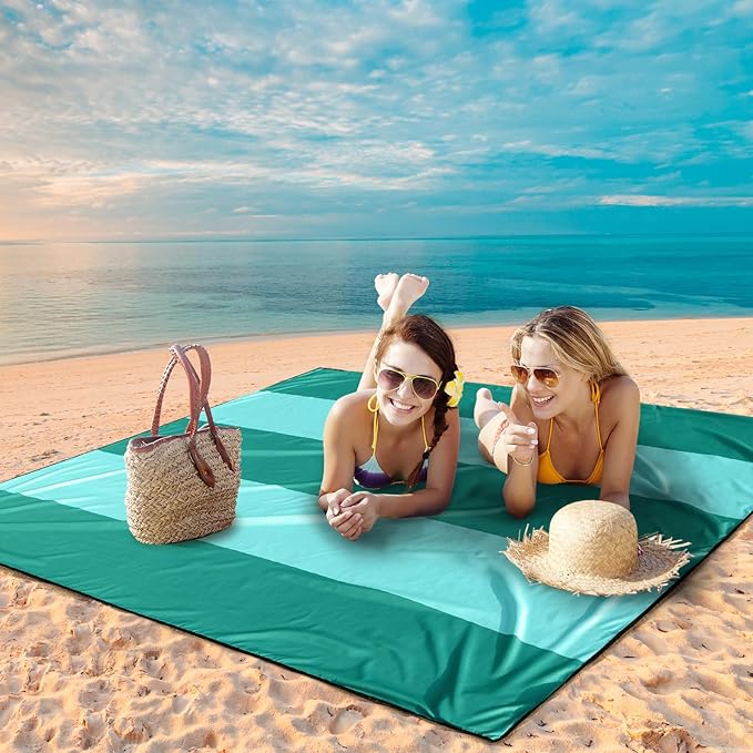 WIWIGO Beach Blanket Waterproof Sandproof Beach Mat 79" X 83"/10'x9'for 2-8 Adults Quick Drying Outdoor Picnic Mat Beach Accessories for Travel, Camping, Hiking